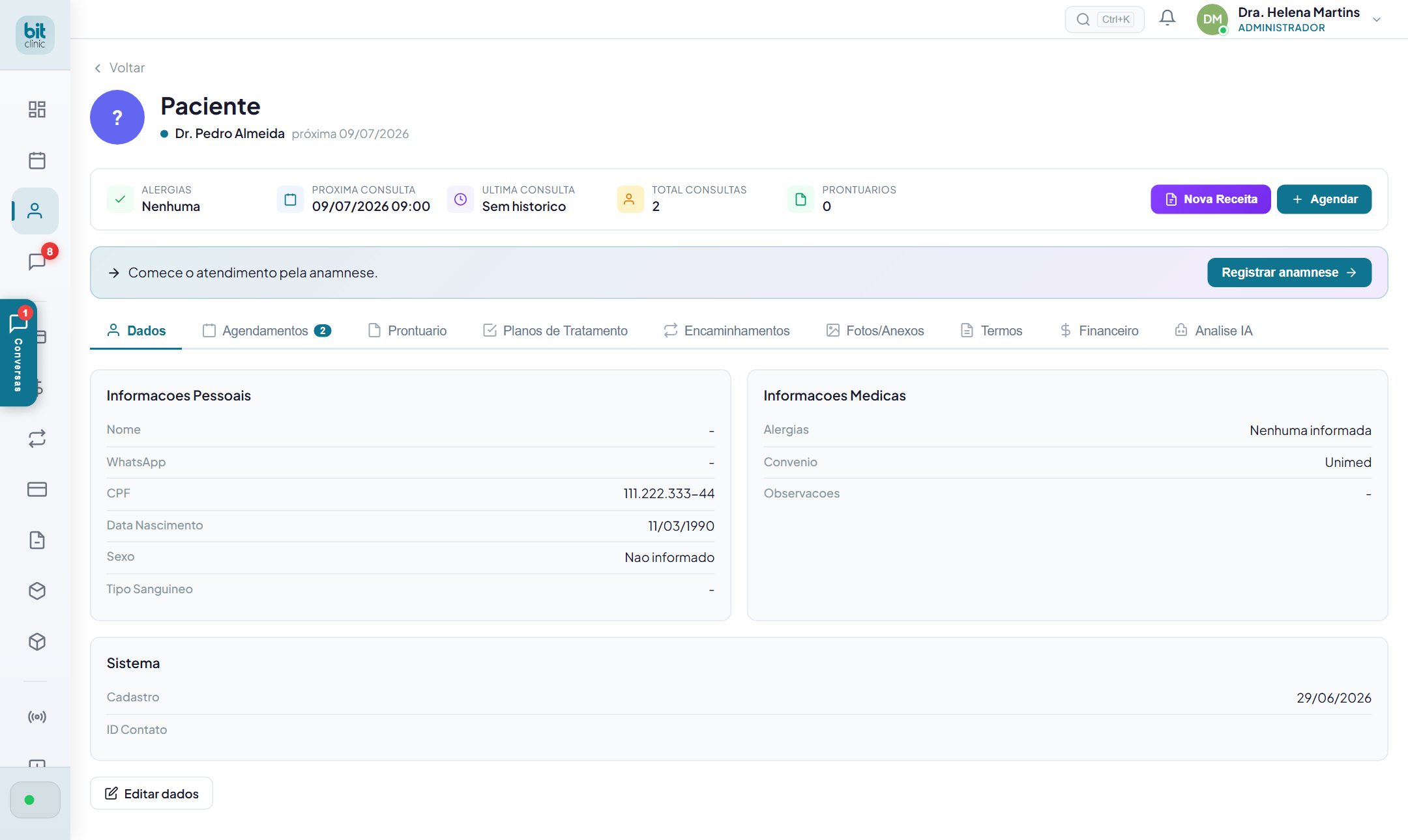 Ficha do paciente no BitClinic